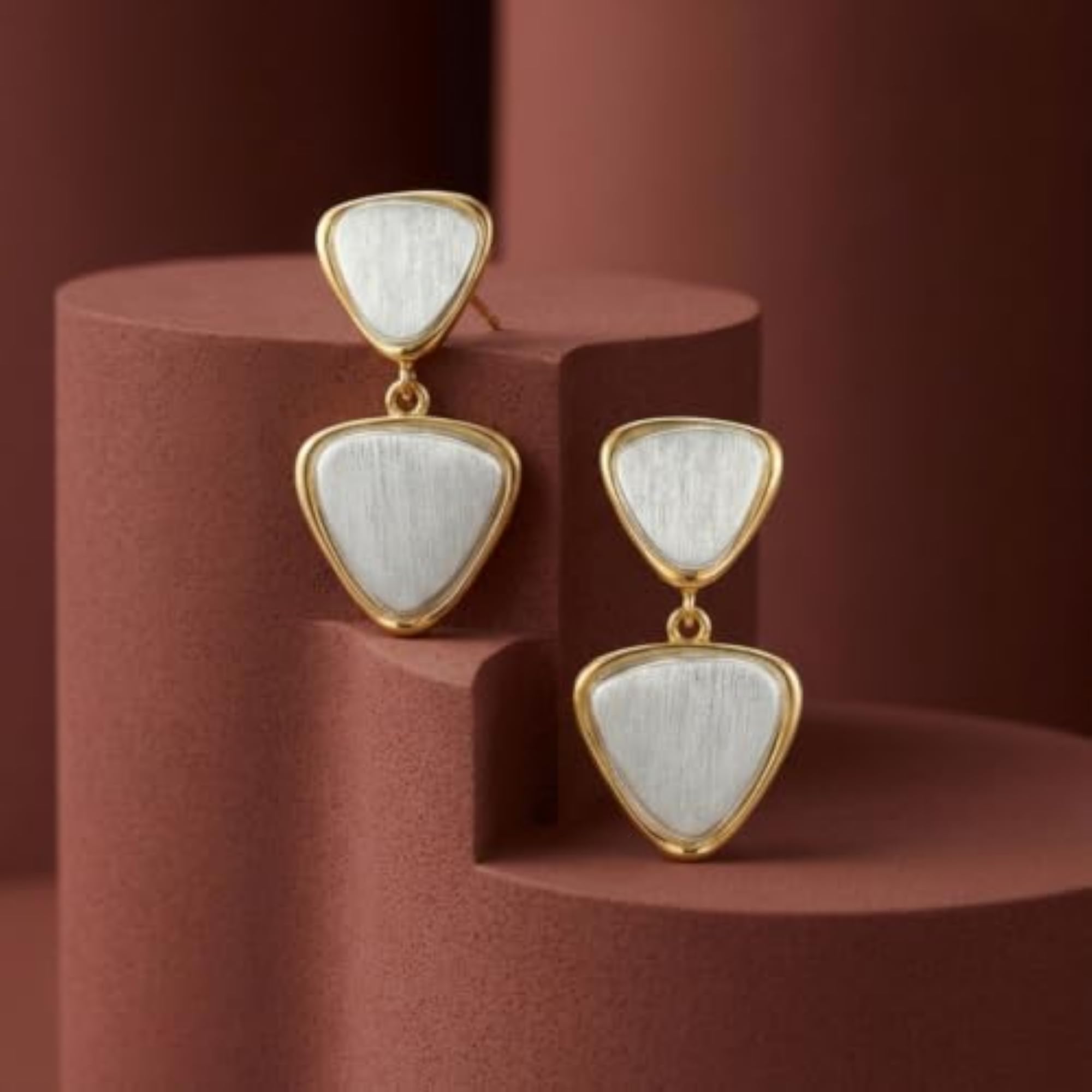 Golden Triangle Drop Earrings, Gold & Silver Toned